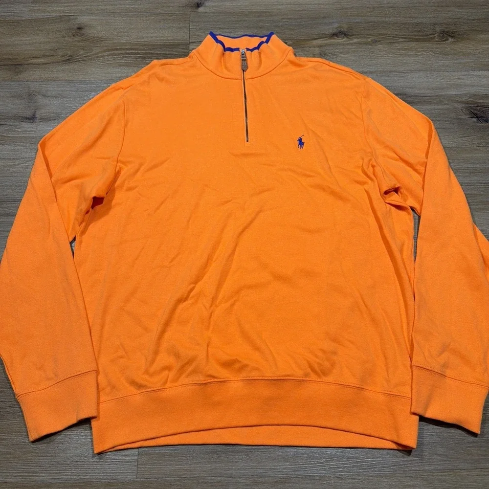 Polo Golf Ralph Lauren Men's LARGE‎ 1/4 Quarter Zip Sweater Orange Blue Cotton